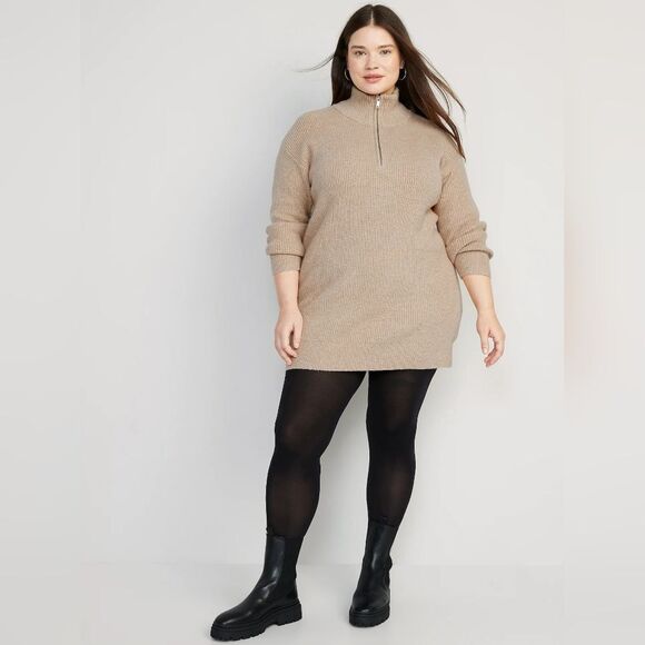 NWT Tan Mock Neck Quarter Zip Mini Sweater Shift Dress - Picture 2 of 13